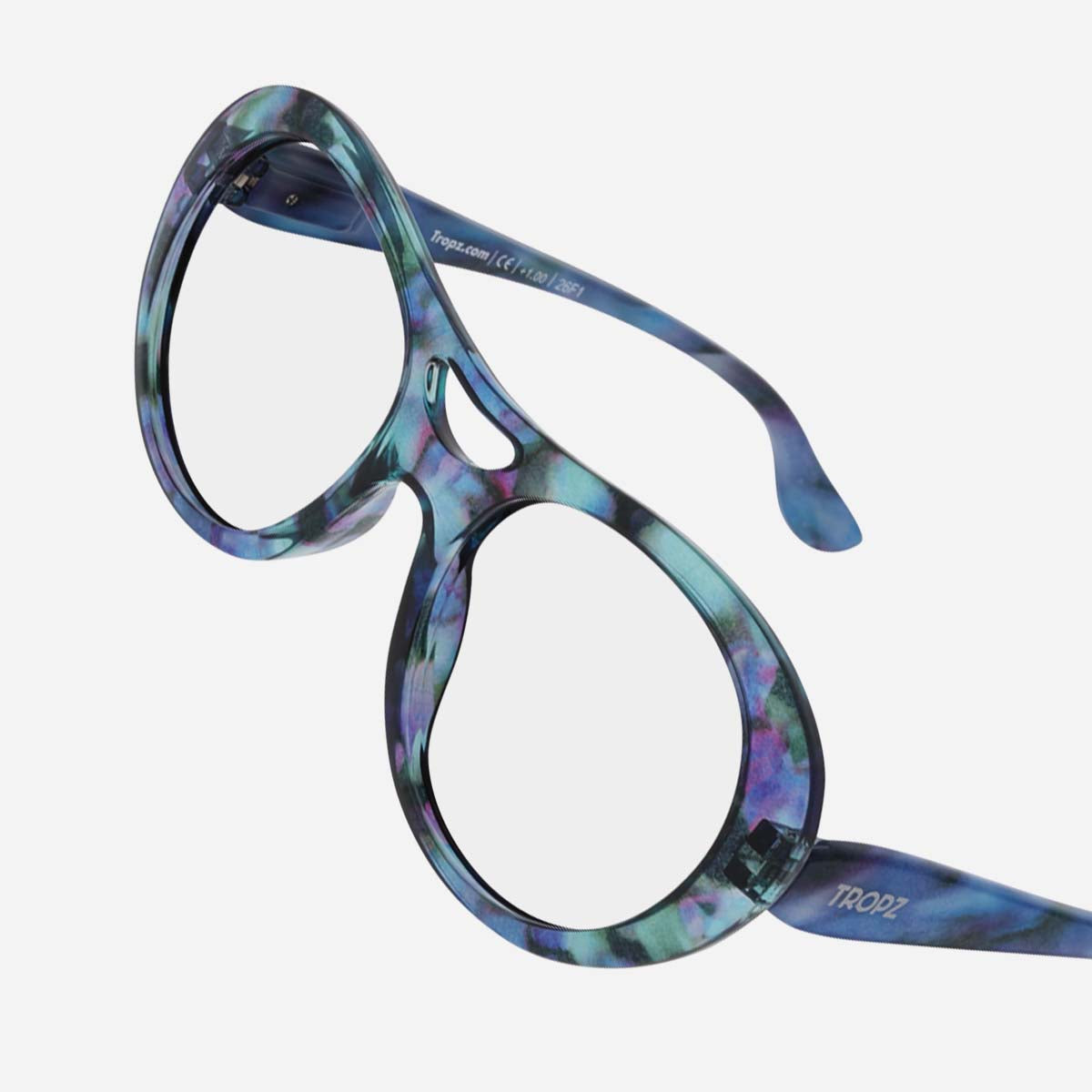 Lunettes de lecture aviateur T52 Mirage, monture effet écaille bleu, vert et violet, modèle femme