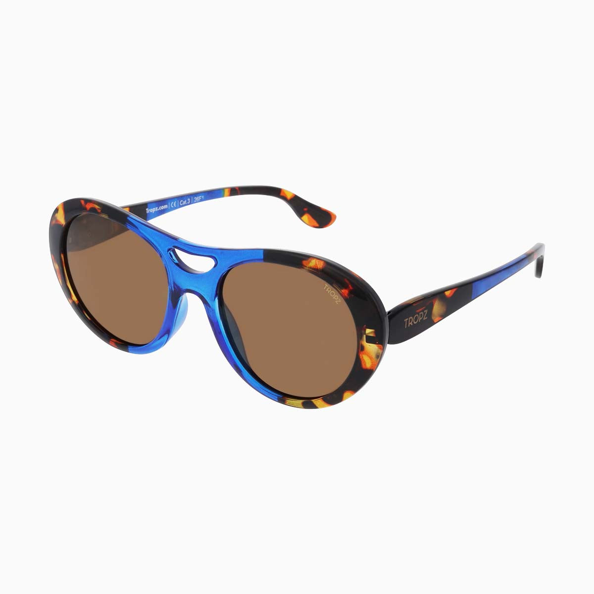 Lunettes de soleil polarisées catégorie 3 UV400, aviateur revisitées, monture bleue et écailles, verres bruns , femme.