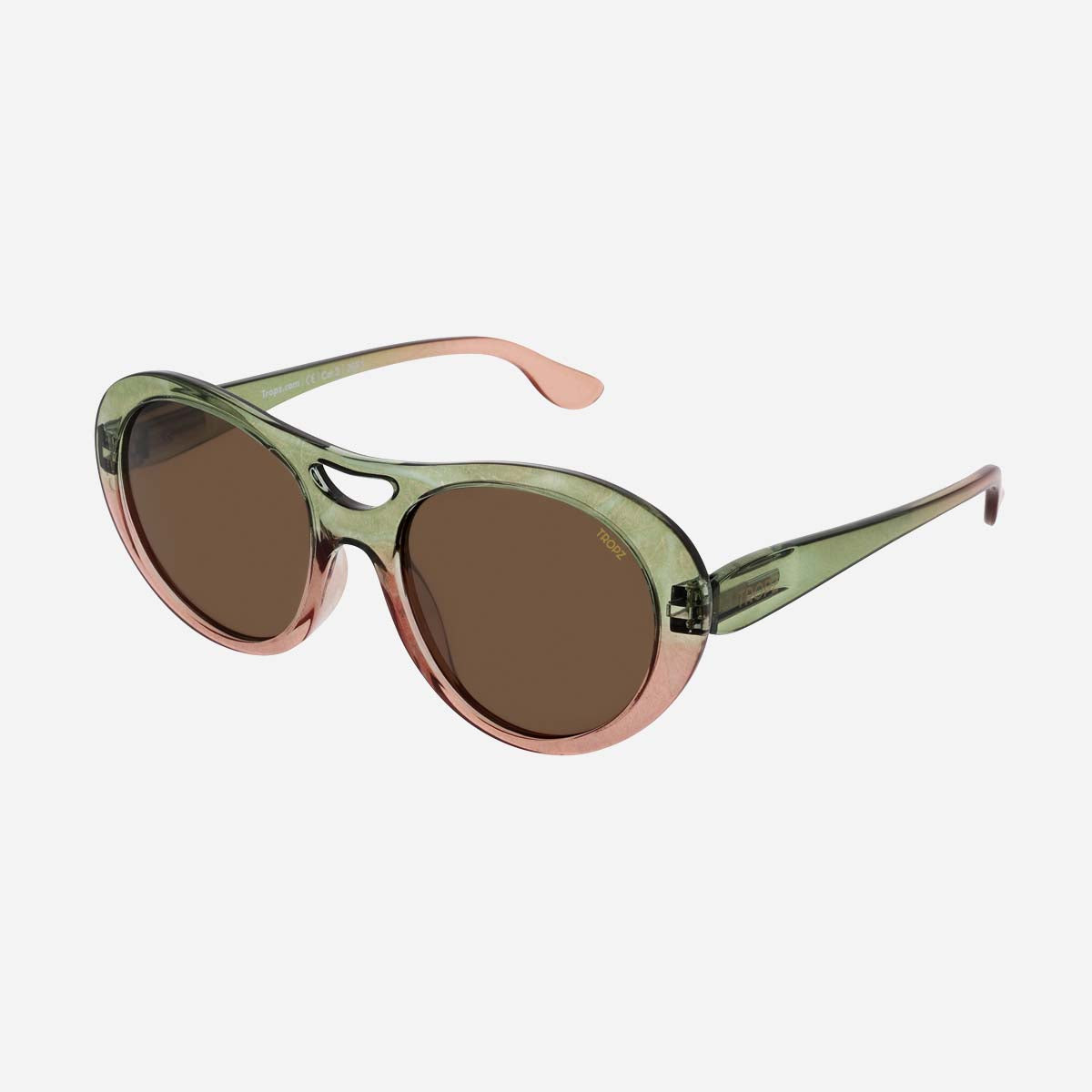 Lunettes de soleil polarisées catégorie 3 UV400, aviateur revisitées, monture transparente verte et rose, verres bruns , femme.
