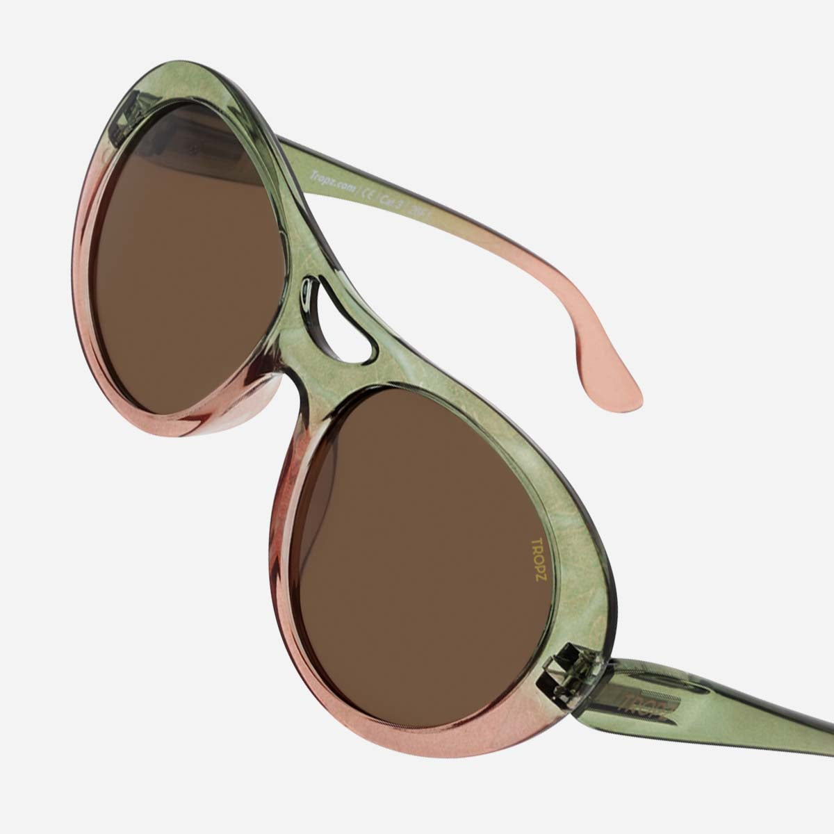 Lunettes de soleil polarisées catégorie 3 UV400, aviateur revisitées, monture transparente verte et rose, verres bruns , femme.