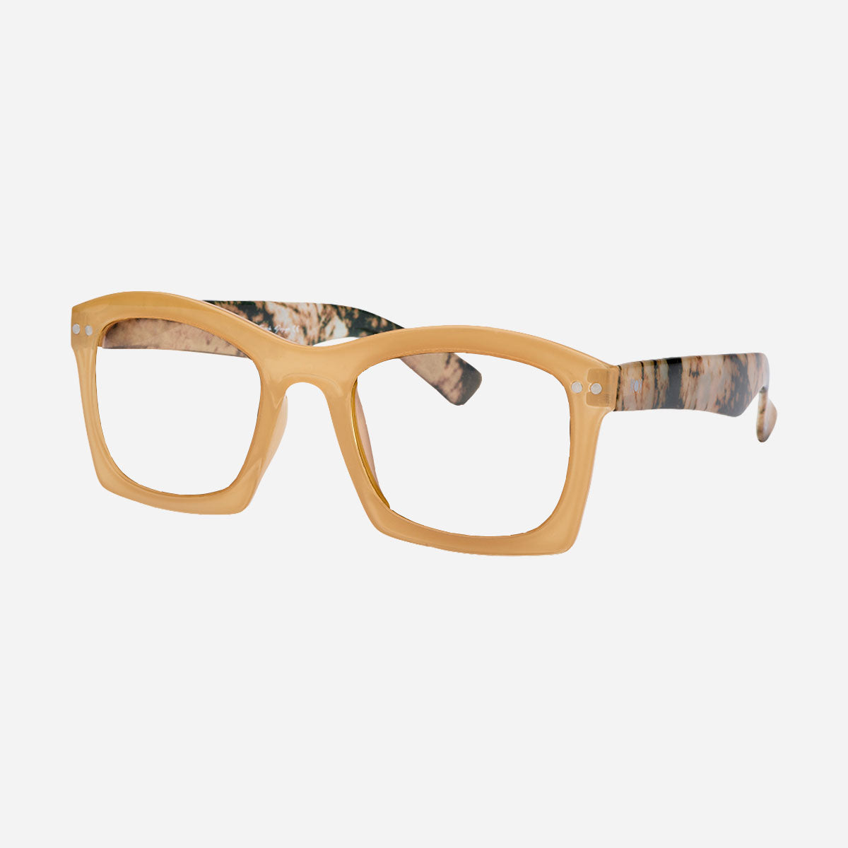 Lunettes de lecture femme rectangulaires oversize, monture beige miel originale pour la presbytie.
