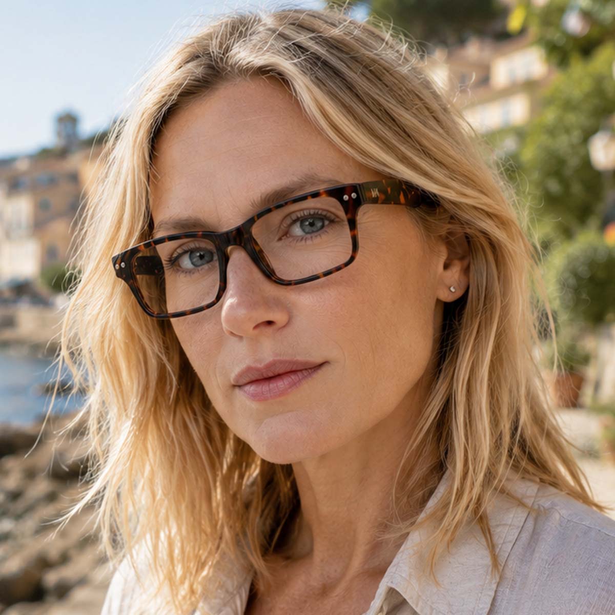 Lunettes de lecture pour presbytie TROPZ T11, monture rectangulaire écaille avec branches noires, modèle mixte.
TROPZ T11 reading glasses for presbyopia, tortoiseshell rectangular frame with black temples, unisex style.