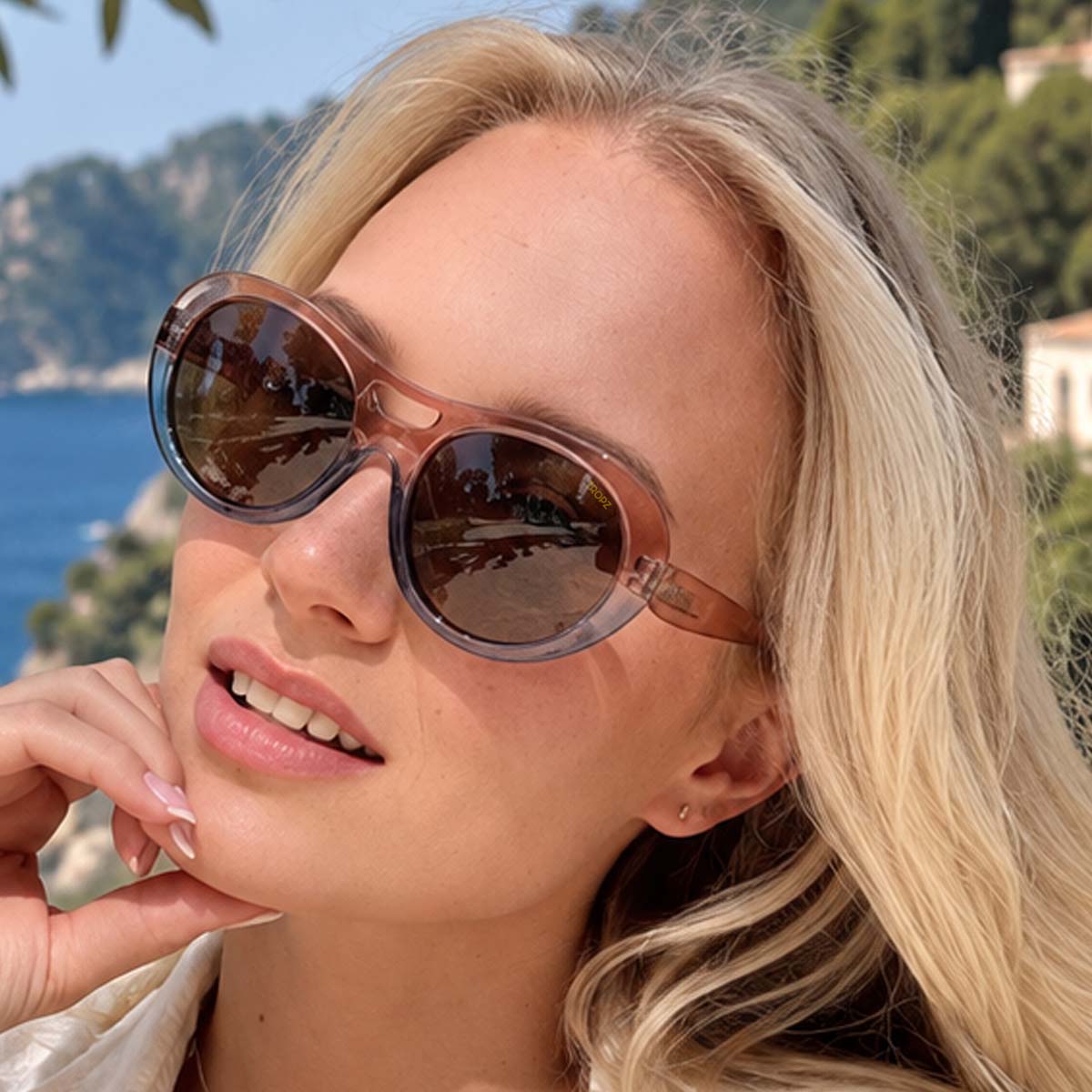 Lunettes de soleil polarisées aviateur revisitées, monture rose et bleue, verres bruns, femme