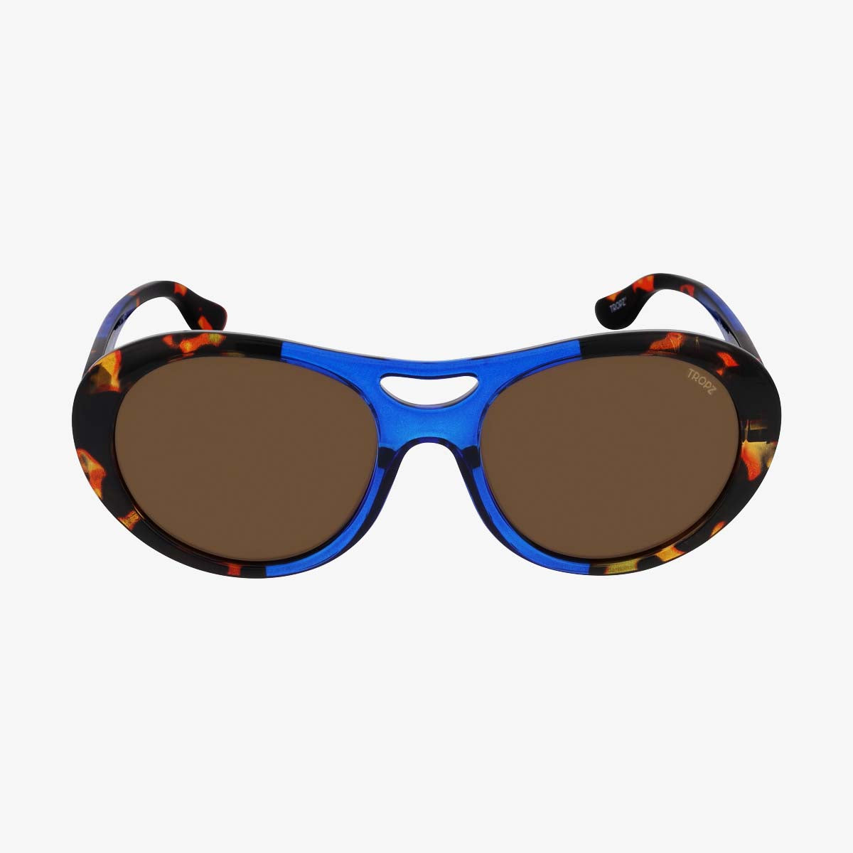 Lunettes de soleil polarisées catégorie 3 UV400, aviateur revisitées, monture bleue et écailles, verres bruns , femme.