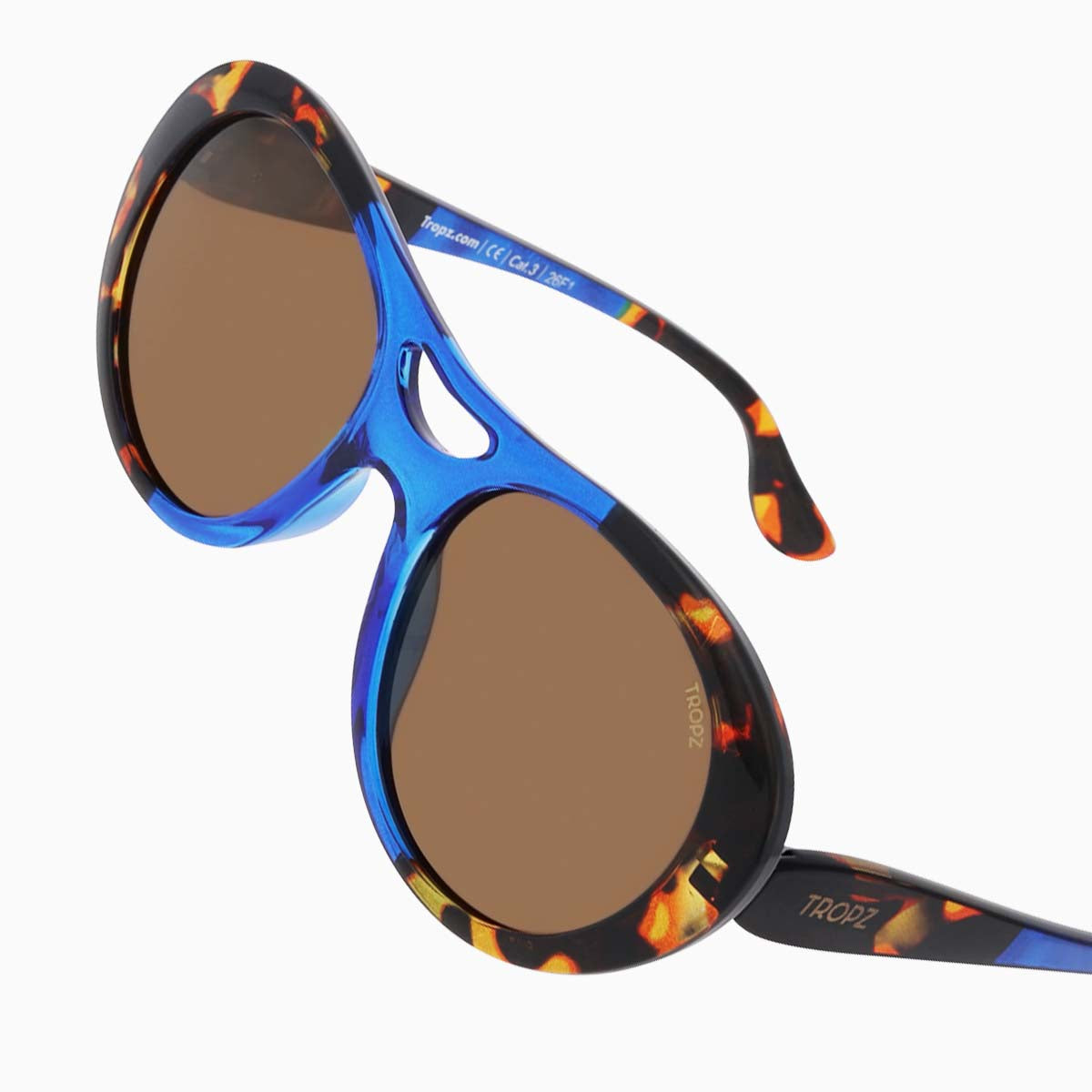 Lunettes de soleil polarisées catégorie 3 UV400, aviateur revisitées, monture bleue et écailles, verres bruns , femme.