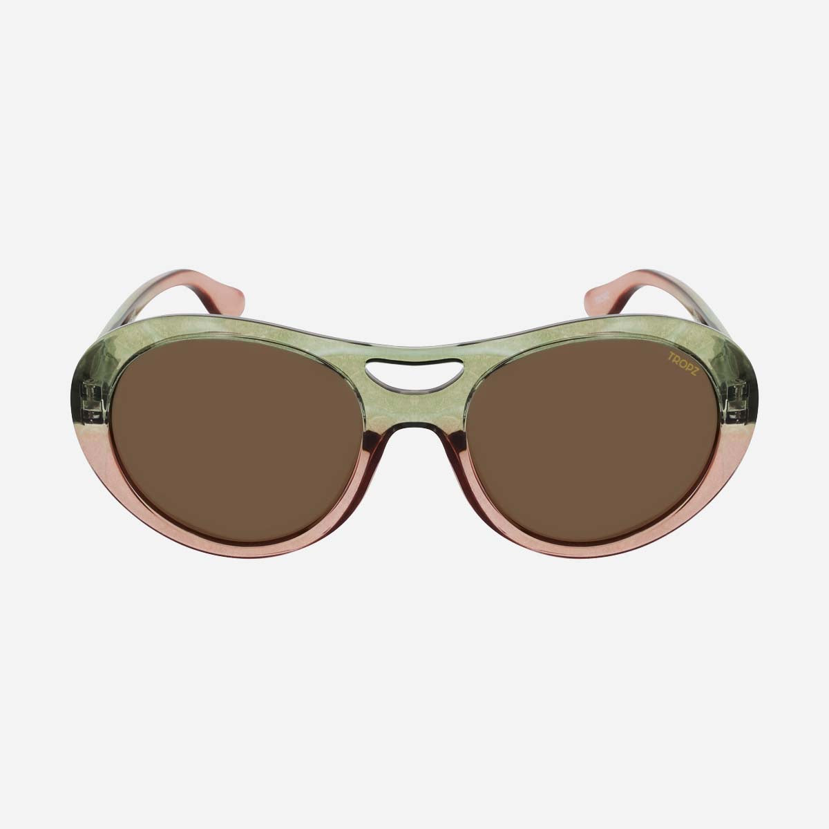 Lunettes de soleil polarisées catégorie 3 UV400, aviateur revisitées, monture transparente verte et rose, verres bruns , femme.